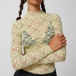 NWT UO Out From Under Luna Sheer Lace Lime Green Mock Neck Top